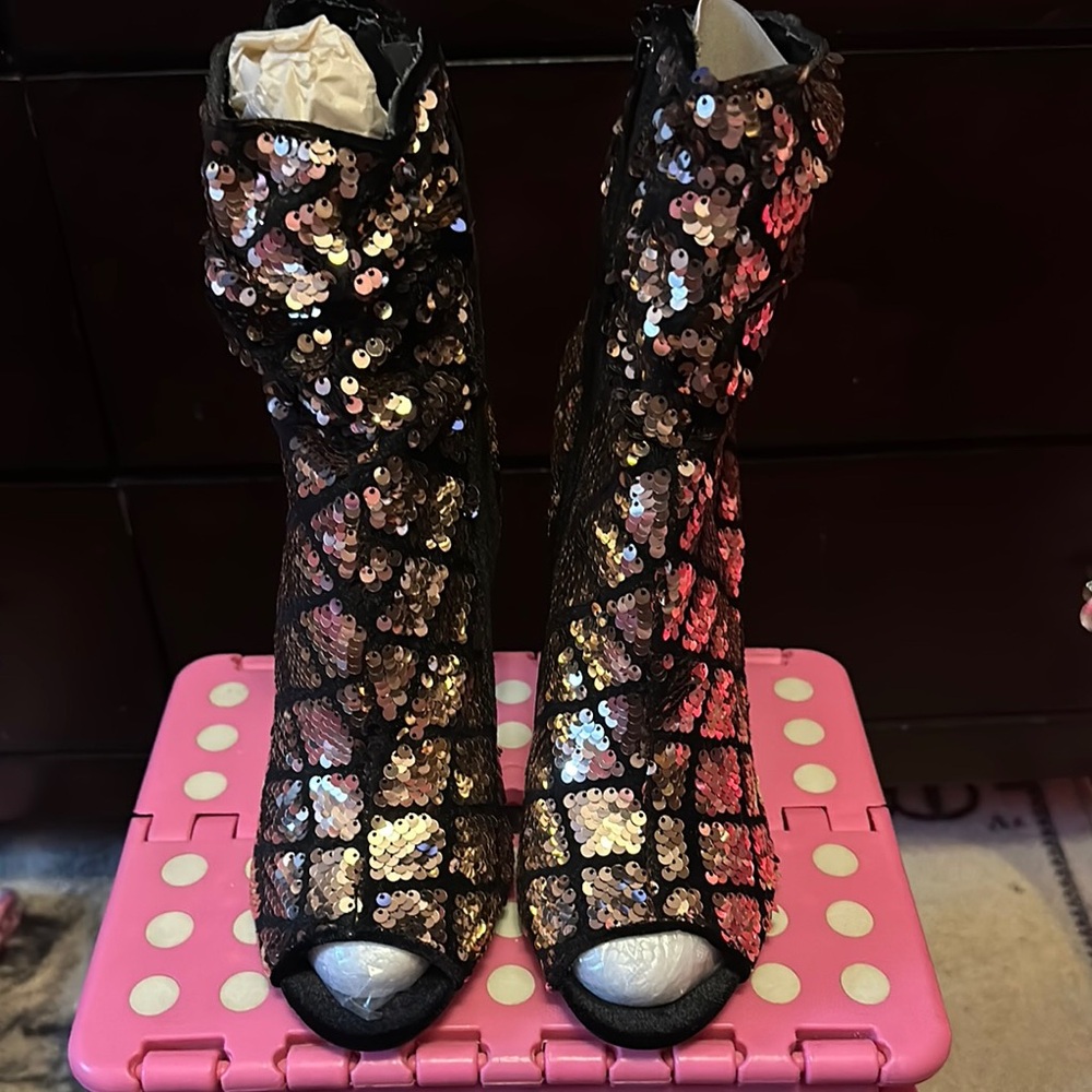 Black & Gold Sequin Bootie Heels